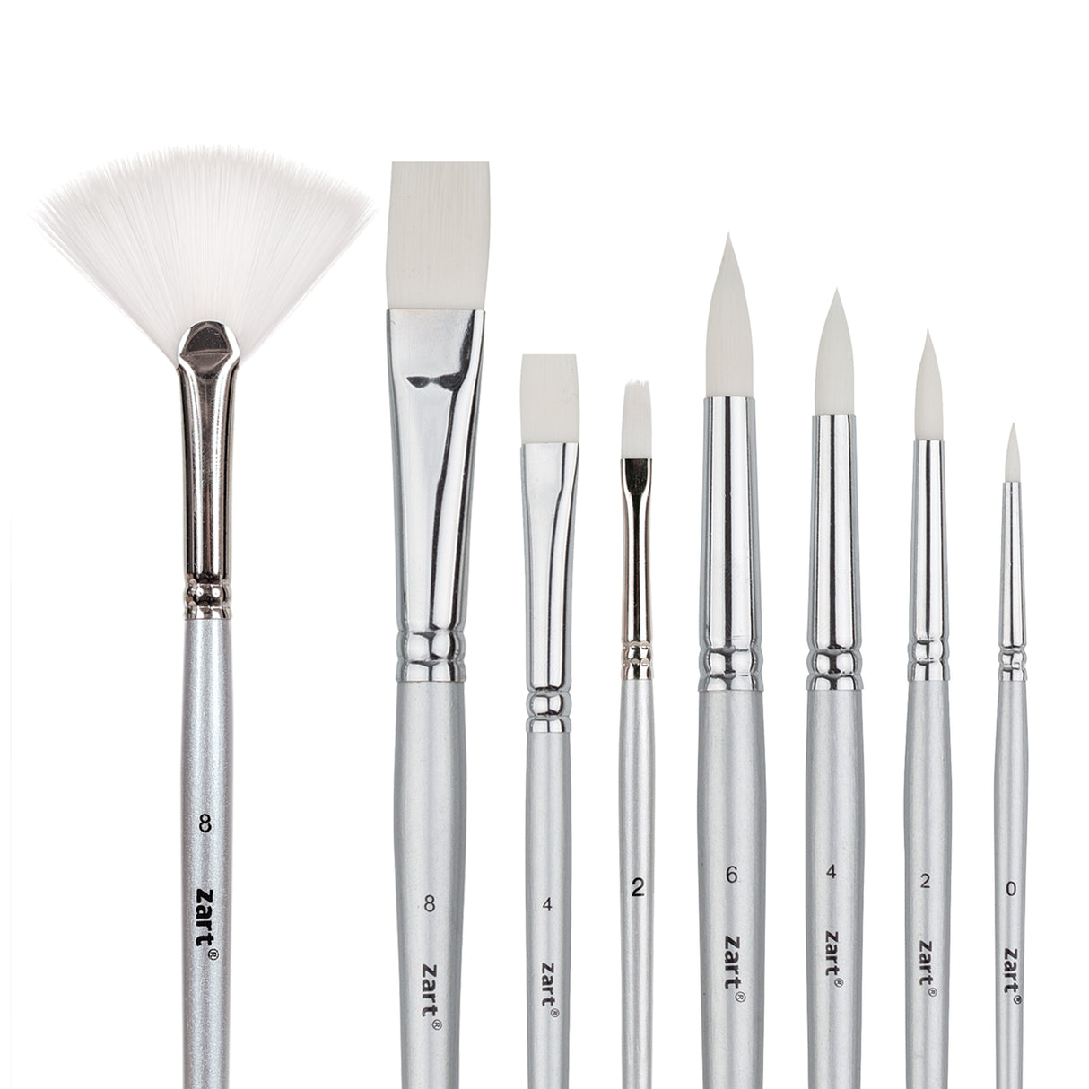A set of assorted Zart paint brushes displayed upright on a white background, including a fan brush, flat brushes, and round brushes in multiple sizes. Silver handles with printed size numbers such as 8, 6, 4, 2, and 0 and Zart branding are visible.