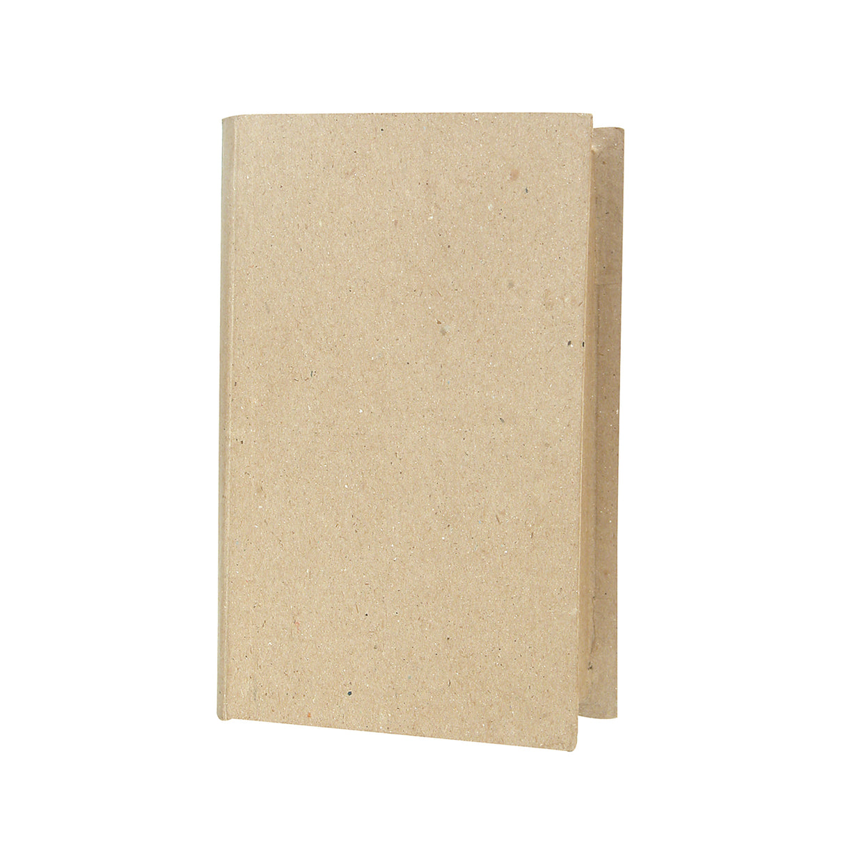 An unpainted Zart Papier-mache Book box in natural kraft brown, shown closed at an angle to reveal its book-like spine and rectangular cover shape. The surface has a plain, slightly speckled texture with visible seams along the spine, ready for painting or decorating.