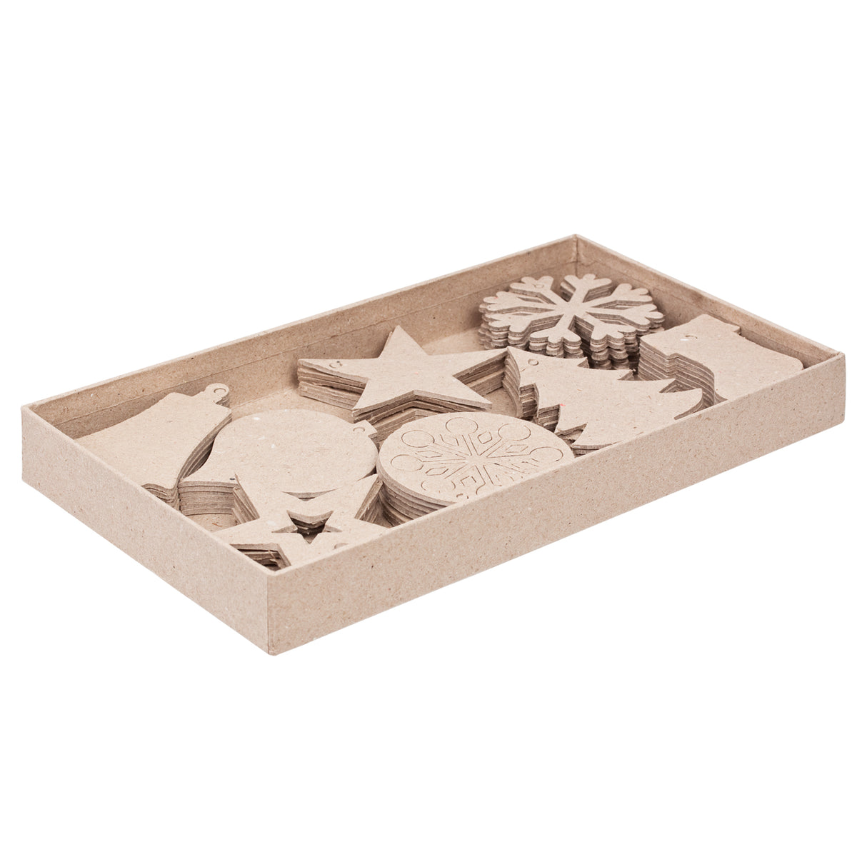 An open cardboard tray filled with assorted unpainted Zart Papier-mache Christmas decorations in natural kraft brown, including stacks of stars, snowflakes, trees, baubles, and a stocking shape, ready for decorating.
