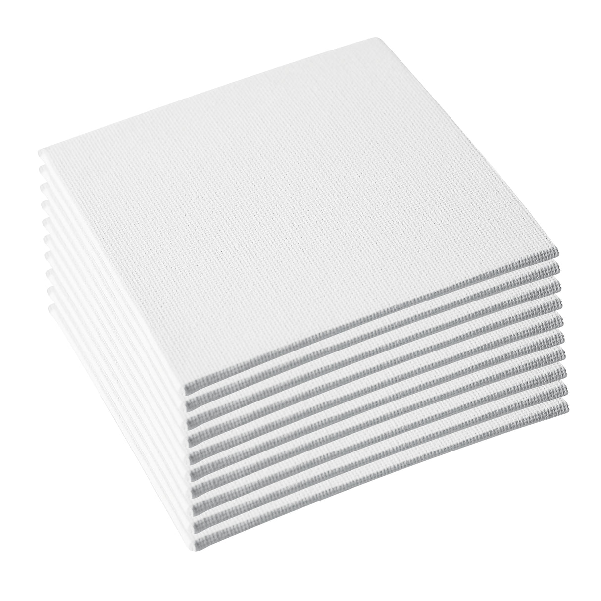 A stacked pile of small square white canvas boards is shown at an angle, revealing evenly layered edges. The surfaces display a fine woven cotton texture, with clean, crisp corners and a smooth, matte primed finish across each board.