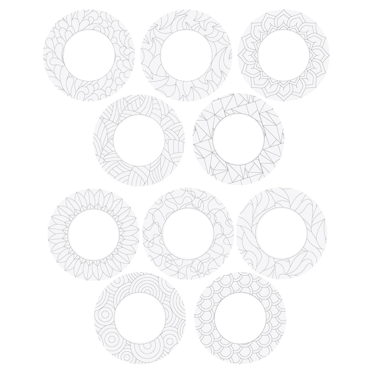 Ten circular Zart ColourMe Wreath shapes in plain white ivory board, each pre-printed with a different black outline pattern — including florals, mandalas, geometric shapes, feathers, scallops and swirling lines. The centre cut-out and blank patterned border show the wreaths ready for colouring.