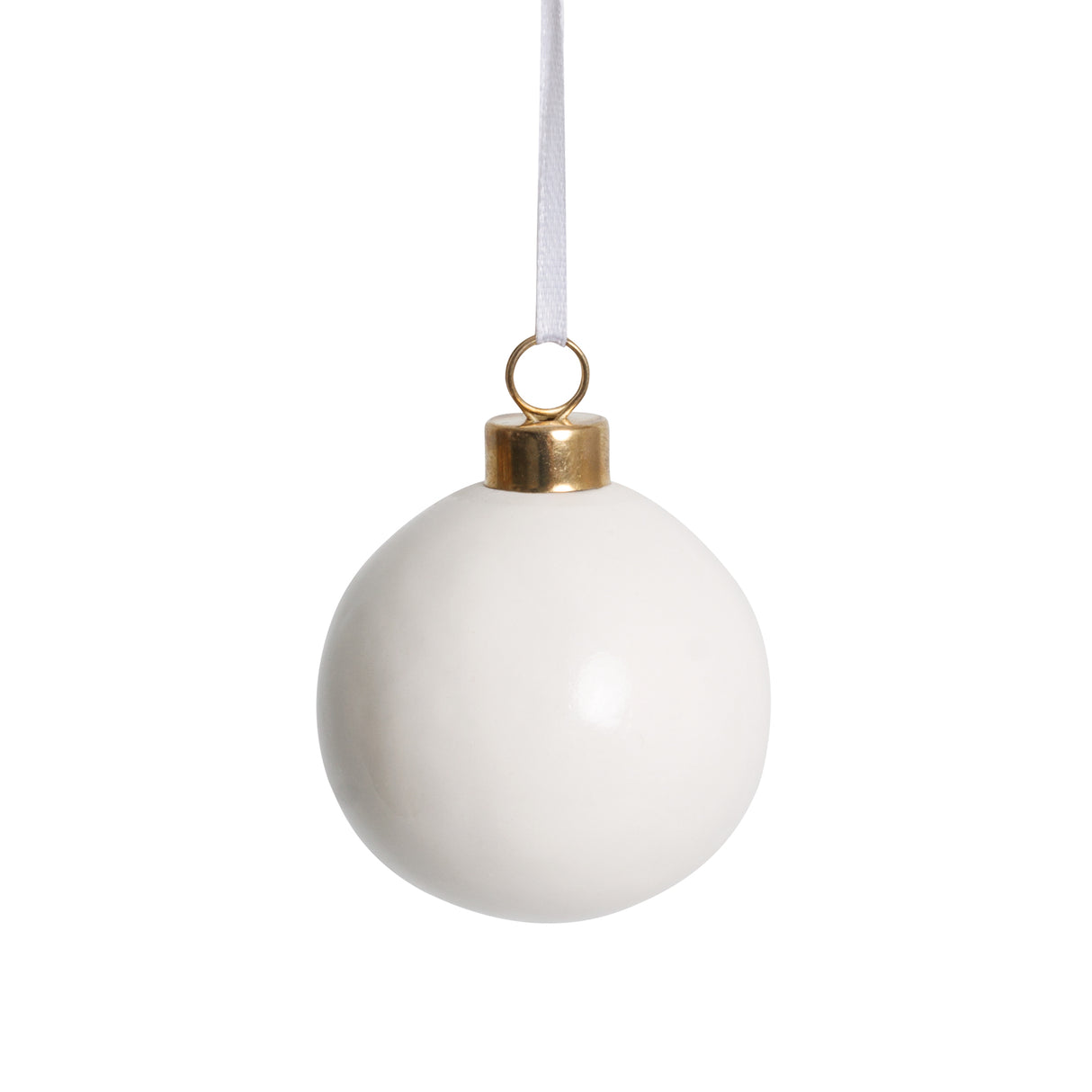 A plain white Zart Ceramic Bauble with a glossy finish and gold cap fitting. A white ribbon loop extends from the top for hanging. The smooth, undecorated surface shows the bauble ready for painting, giving a clear view of the blank base shape.