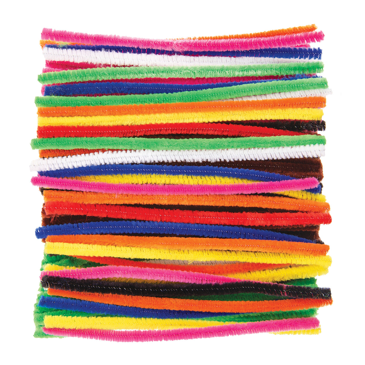 Zart Basics chenille stems laid out in horizontal rows, showing the assorted colour range: pink, white, blue, green, orange, yellow, red, black, brown and purple. Each fuzzy pipe-cleaner stem is straight and evenly textured, with a fine wire visible along the soft chenille.