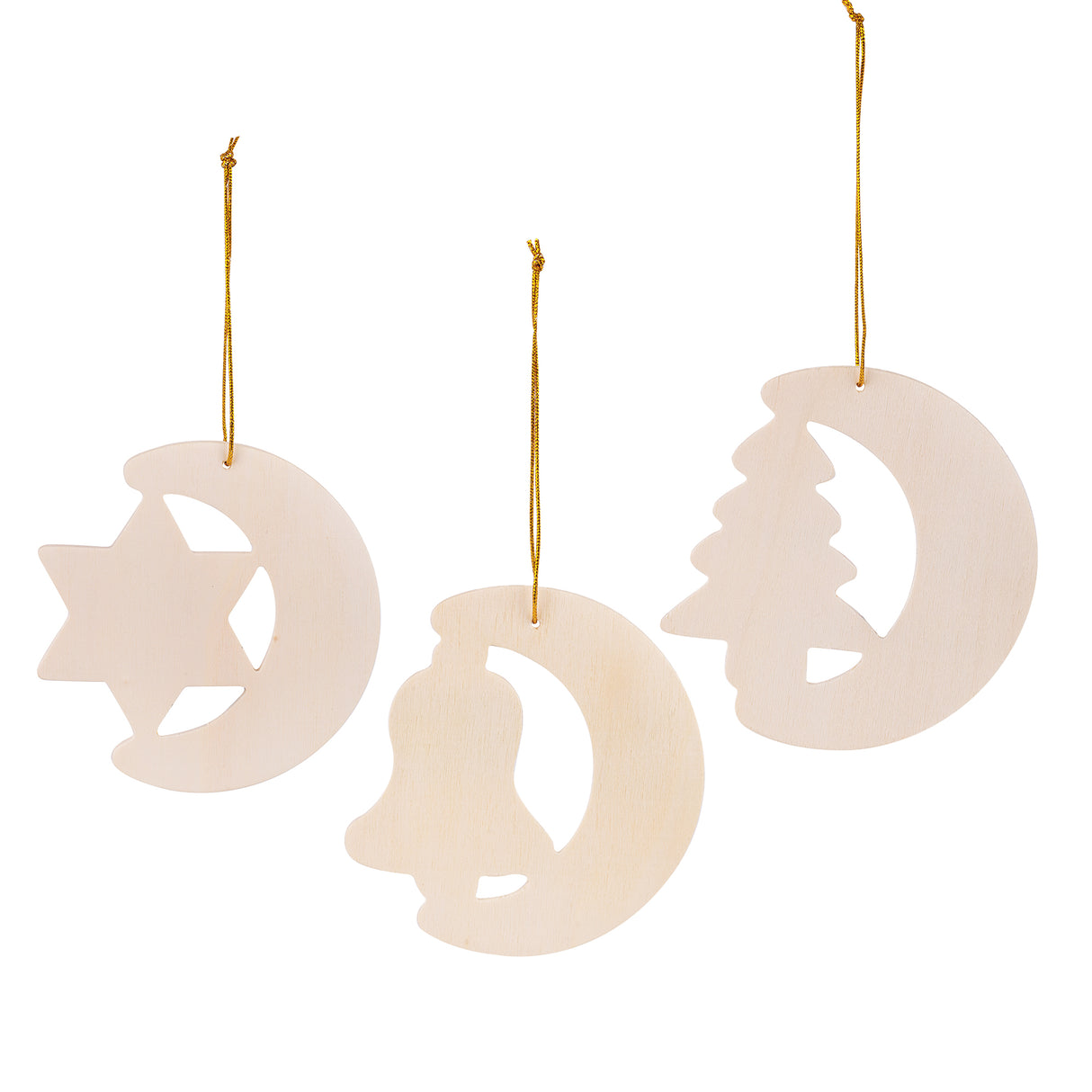 Three plain Zart Wooden Christmas Shapes hang by gold cord: a crescent moon with a star cut-out, a crescent moon with a bell cut-out, and a crescent moon with a tree cut-out. Each shows the natural plywood finish, ready for painting or decorating.