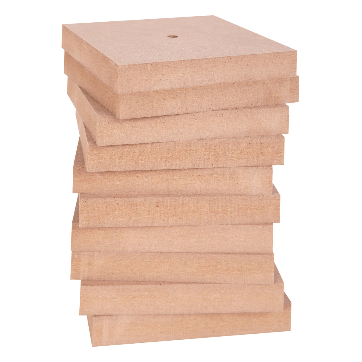 Zart Wooden Bases stacked in a tall pile, each a square block in natural pale wood with a visible pre-drilled hole centred in the top piece. The stack shows the flat, even thickness of each base and the raw MDF grain along the edges.