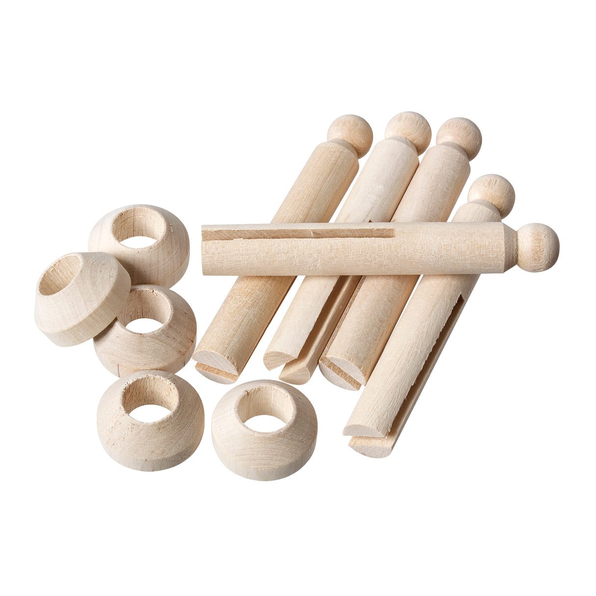 A scattered arrangement of Zart Wooden Peg and Stand pieces in natural, unpainted timber. Rounded ball-topped pegs with a slotted centre lie alongside separate ring-shaped stands, showing the plain components before decorating and assembly.