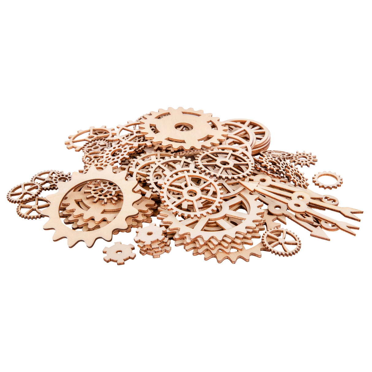 An assorted collection of Zart Wooden Gears and Cogs Assorted pieces is scattered across a pale background. The laser-cut wooden shapes include gears, cogs and clock hands in varied sizes and intricate designs, ideal for STEAM activities, collage, mixed media and construction projects.
