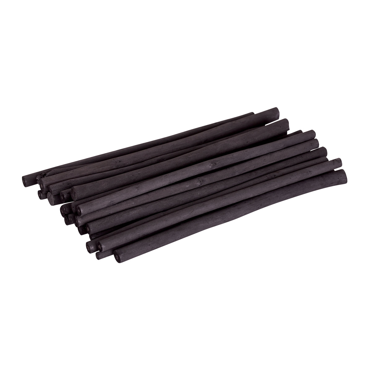 A loose bundle of natural willow charcoal sticks arranged diagonally against a white background. The slim, irregular black sticks vary slightly in thickness and length, with matte charcoal surfaces and uneven natural ends, showing the organic, rustic character of the drawing material.