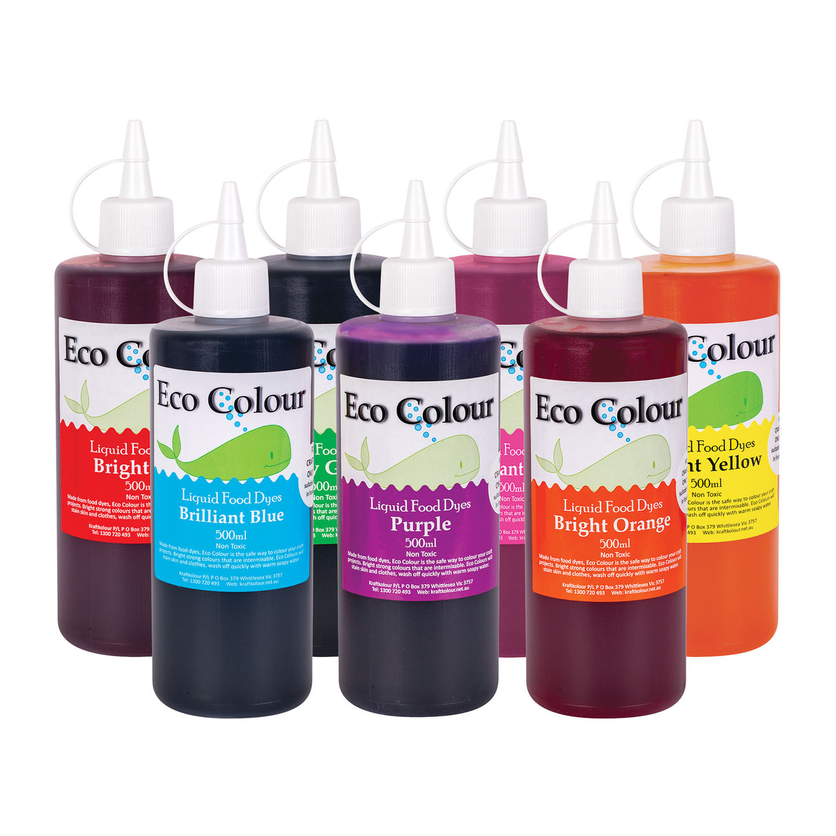 A group of seven 500ml bottles of Eco Colour Liquid Food Dyes in assorted colours, each with a white squeeze lid and labels featuring a green whale illustration. Colours include Brilliant Blue, Bright Red, Purple, Bright Orange, Bright Yellow, Kelly Green and Black.