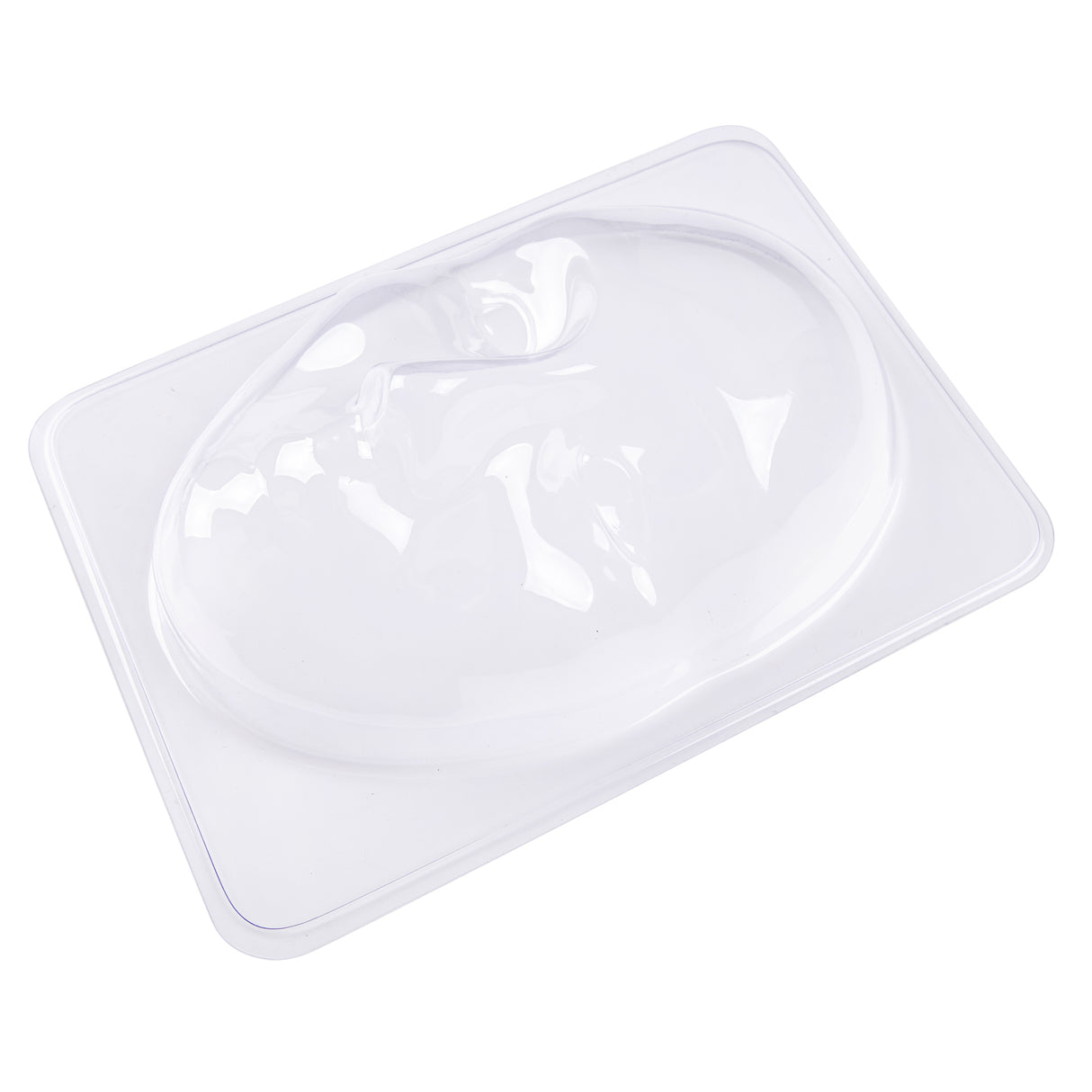 Clear plastic mask mould featuring a male face with defined features including eyes, nose, and mouth, set on a rectangular base. The translucent mould is designed for creating three-dimensional face masks and sculptural projects with papier-mâché or modelling materials.