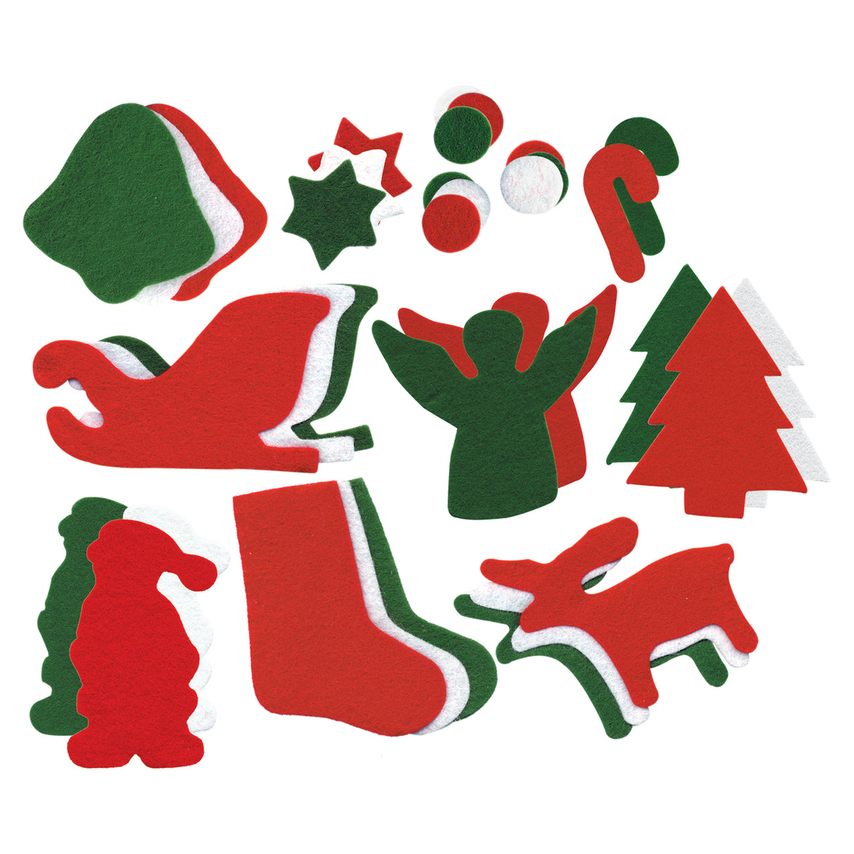 An assortment of plain Zart Felt Christmas Shapes layered in red, green and white, including a bell, stars, circles, a candy cane, a sleigh, an angel, Christmas trees, Santa, a stocking and a reindeer, scattered together ready for embellishing and decorating.