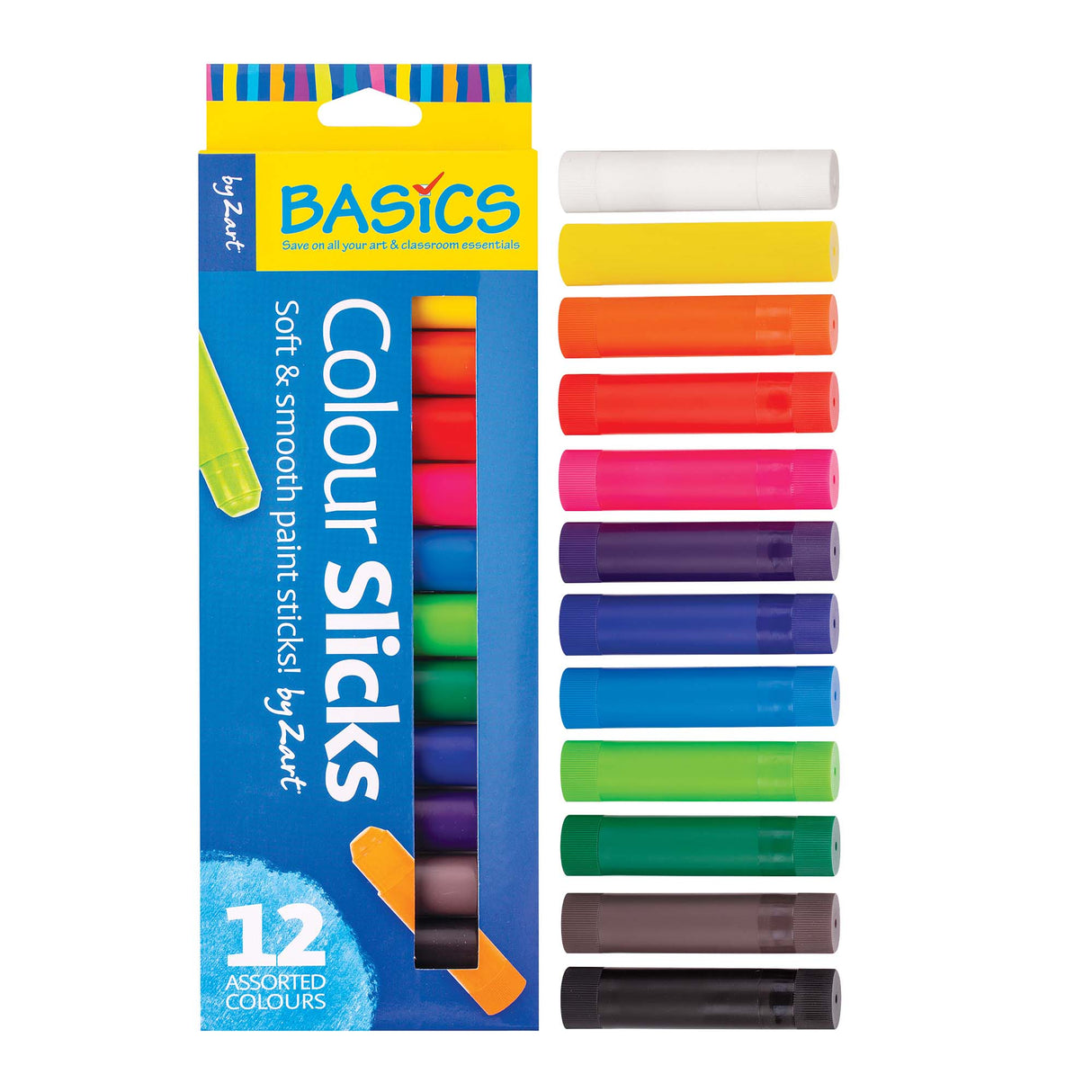 Colour Slicks Classroom Pack by Zart showing 12 assorted paint sticks arranged beside the packaging. Sticks are shown in a vertical gradient from white, yellow and oranges through pinks, purples, blues, greens and browns. Packaging displays “12 Assorted Colours”.