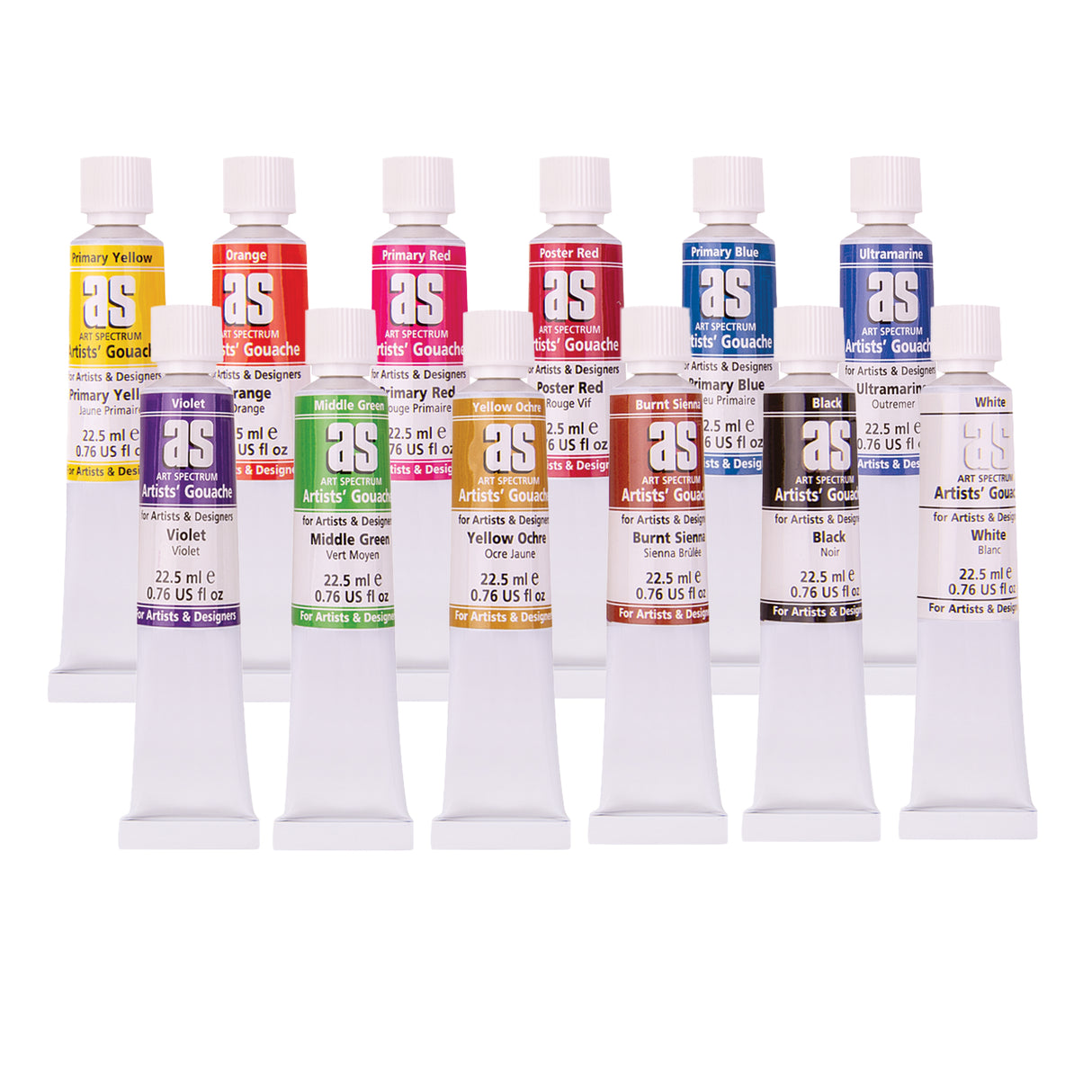 Multiple tubes of Art Spectrum Artists’ Gouache stand upright in two rows against a white background. Labels display bright colours including Primary Yellow, Orange, Primary Red, Poster Red, Primary Blue and Ultramarine, each marked 22.5 ml with bold, high-contrast branding.