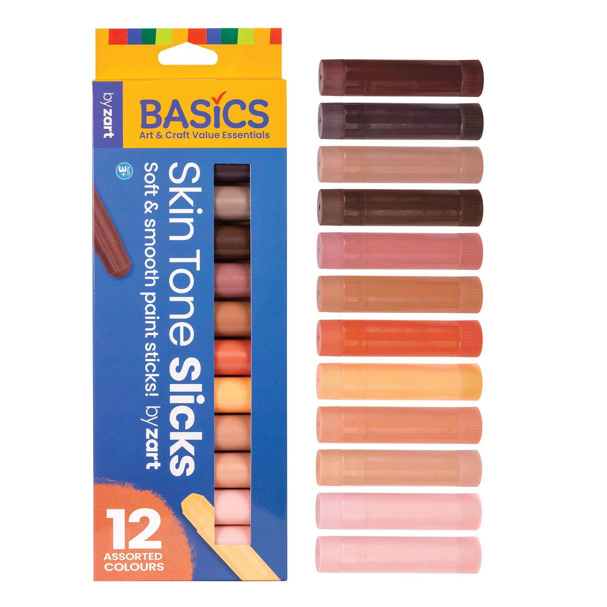 Zart Basics Skin Tone Slicks classroom pack showing 12 assorted colours in packaging, with all sticks displayed alongside in a gradient from dark brown through mid-tones to light peach and cream. Packaging reads “12 Assorted Colours”.