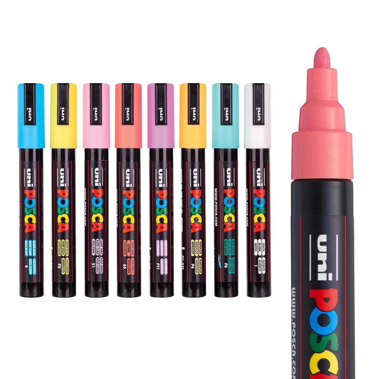 Lineup of eight Uni POSCA pastel paint markers with black barrels and pastel-coloured caps, alongside a close-up of the pink bullet tip. Colours include blue, yellow, peach, pink, purple, mint and white.