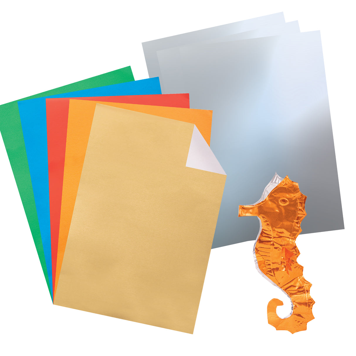 A fan arrangement of Aluminium Embossing Foil Sheets in green, blue, red, gold and silver sits against a light background, showing smooth reflective surfaces with a subtle brushed texture. A small copper-toned embossed seahorse form in the foreground displays raised detailing and crinkled edges.