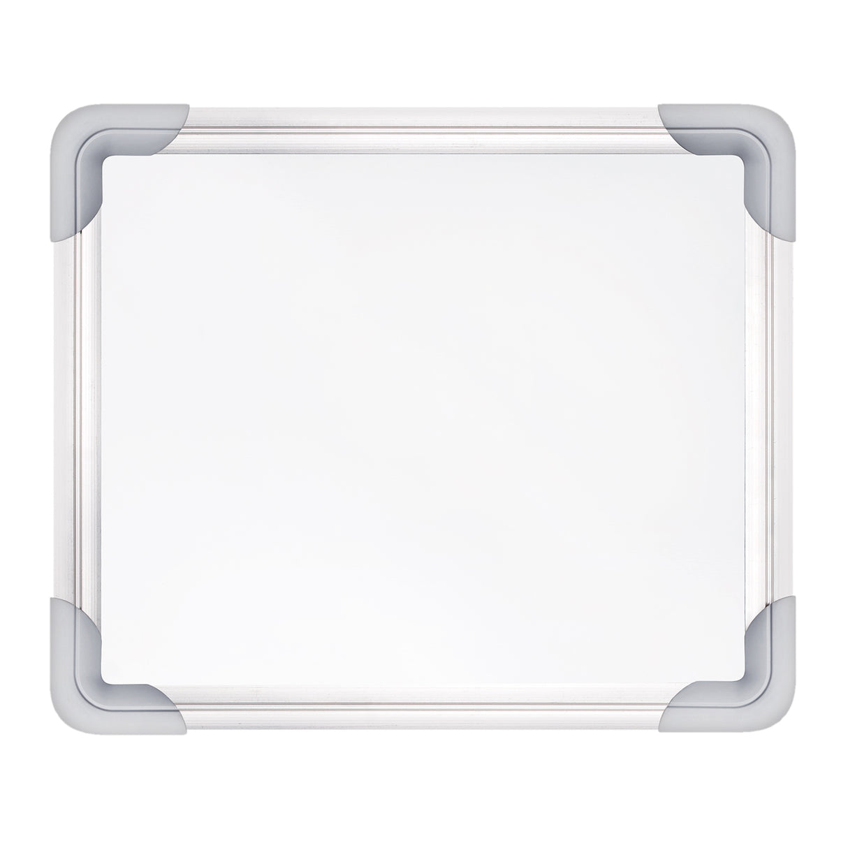 A small Zart magnetic whiteboard shown front-on, with a clean white writing surface. The frame is silver aluminium with rounded grey plastic corner protectors on all four corners. The blank board sits against a white background, highlighting its simple, sturdy design and smooth wipe-clean face.