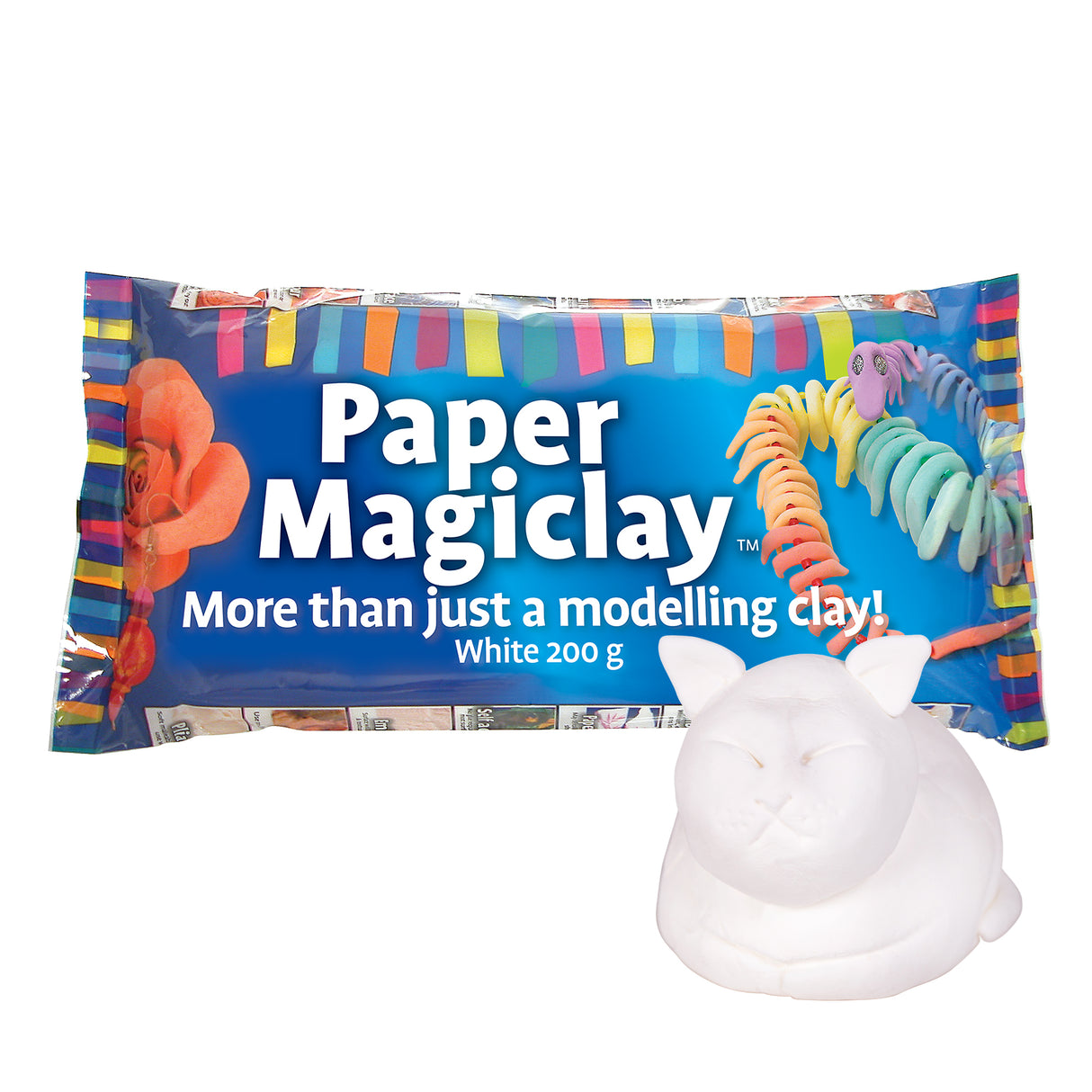 Paper Magiclay 200g white flat pack with vibrant blue packaging featuring colourful paper chain decorations and sculptural examples including flowers and a caterpillar. Text reads "More than just a modelling clay! White 200 g". A white sculpted bunny figure sits in front of the package.