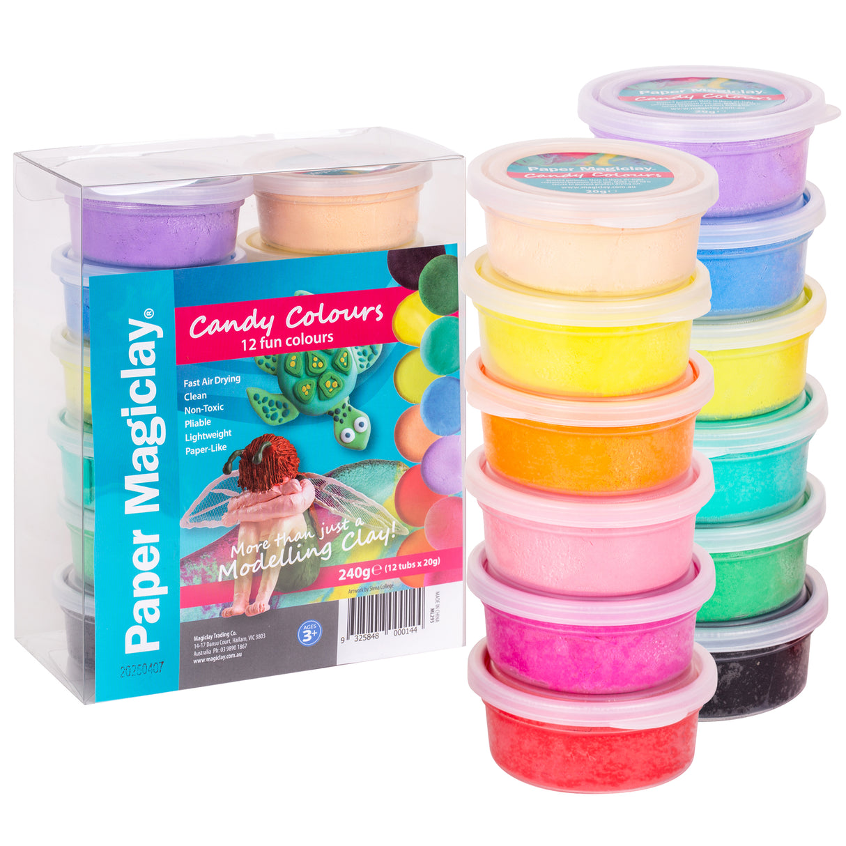Paper Magiclay Candy Colours set featuring 12 vibrant tubs of lightweight modelling clay in shades including purple, peach, yellow, orange, pink, red, blue, turquoise and green. Clear packaging displays product details and sample turtle figure, with all 240g of colourful clay tubs stacked alongside showing the glittery, textured finish.
