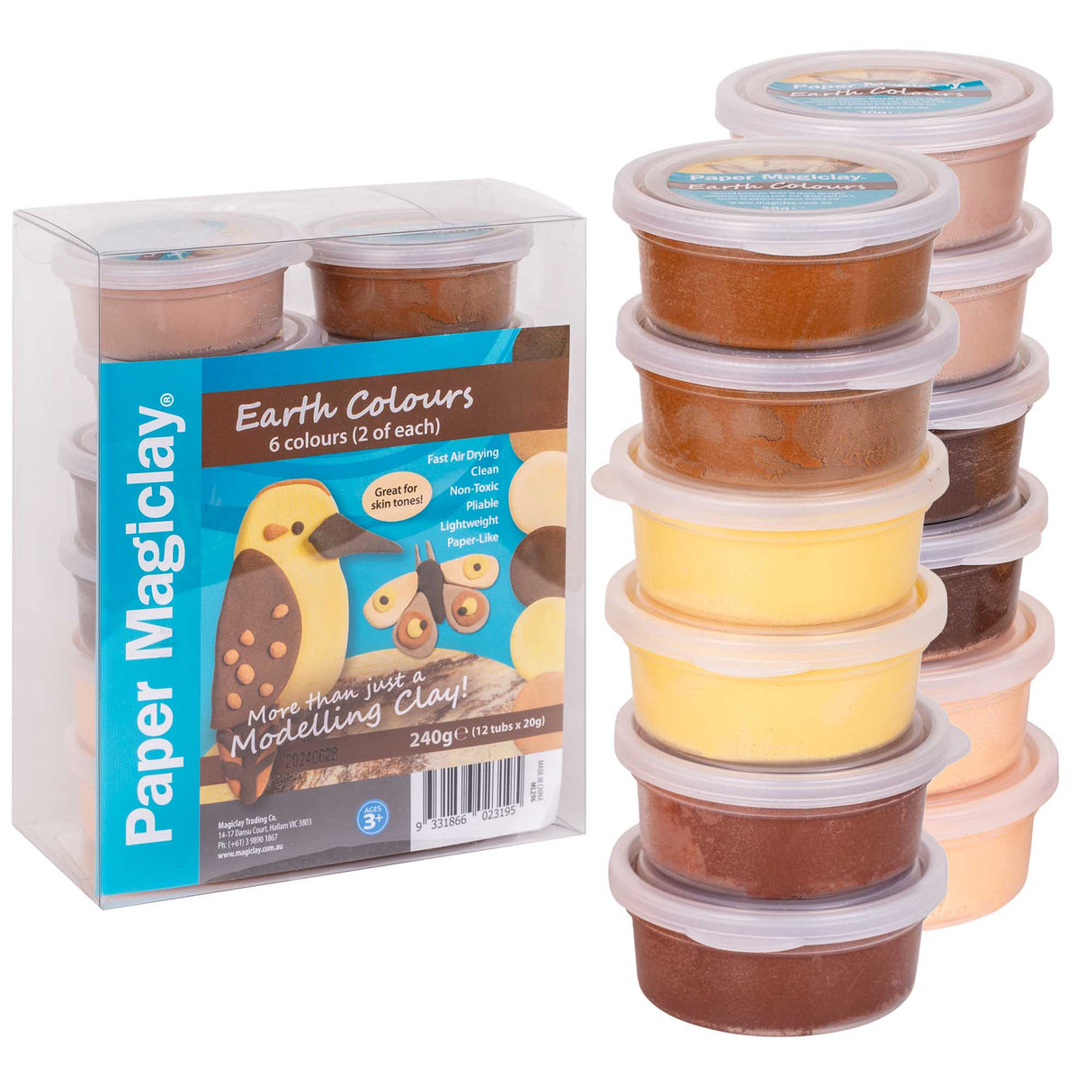 Paper Magiclay Earth Colours set in clear packaging displaying twelve round canisters in earthy tones including yellow, peach, tan, and various browns. The bright blue label reads "More than just a Modelling Clay!" and features a decorative bird illustration. Six natural earth colours with two tubs of each are stacked beside the box.