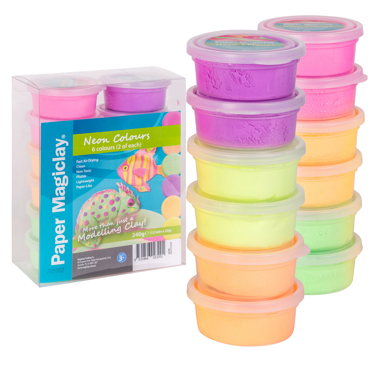 Paper Magiclay 240g Neon Colours set featuring twelve air-tight canisters in six vibrant neon shades: pink, purple, yellow, orange, and green. Clear packaging displays colourful fish sculptures made from the modelling clay. Product features listed include Fast Air Drying, Clean, Non-Toxic, Pliable, Lightweight, and Paper-Like.