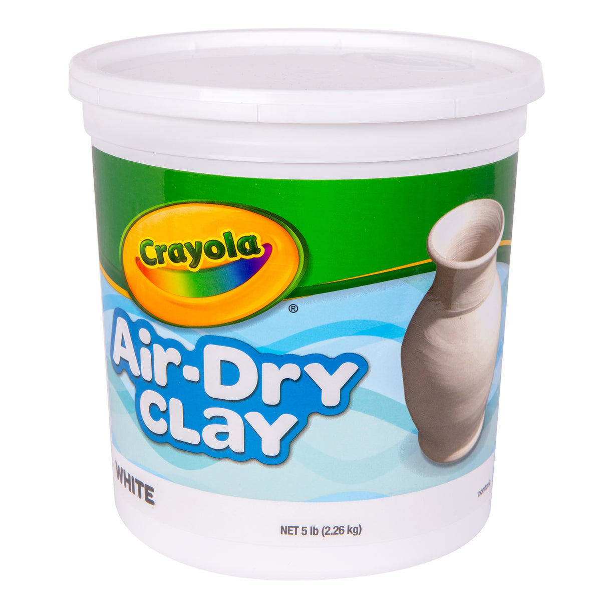 White plastic tub of Crayola Air-Dry Clay with lid, featuring green and blue label with Crayola logo and text “Air-Dry Clay”.