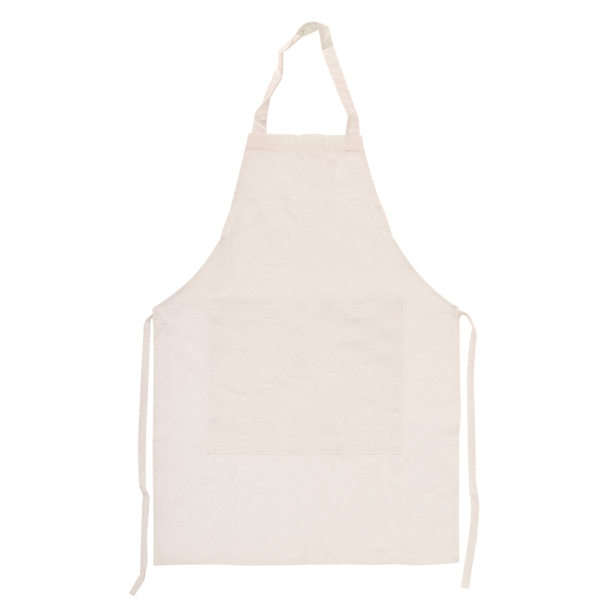 A plain, natural-toned Zart Calico Apron shown flat against a white background. It has a halter neckband, an adjustable neck strap, and long ties extending from both sides at the waist. A plain square patch pocket sits centred on the lower front panel, with no colour or decoration visible.