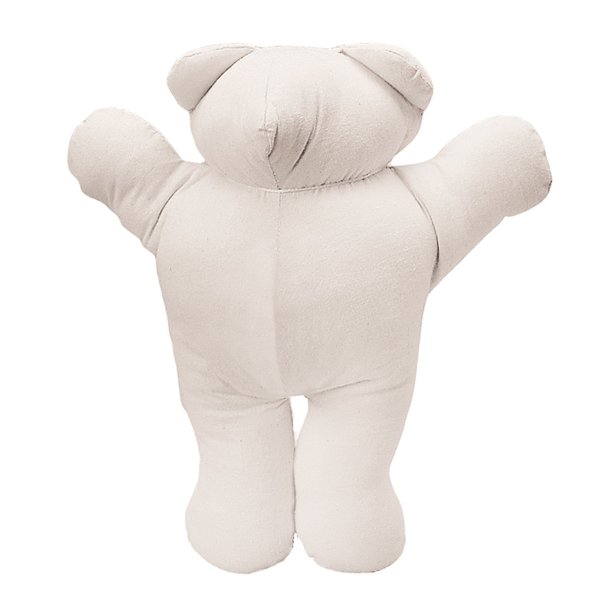 An undecorated cream calico teddy bear photographed from the back, standing upright with arms outstretched. The bear features visible stitched seams along the body, head, limbs, and ears. Plain, unpainted fabric surface is ideal for decorating with fabric paint, markers, or mixed media.