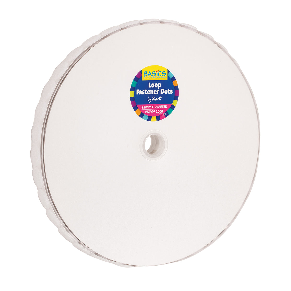 Large white roll of Basics Loop Fastener Dots by Zart, shown from above with a central cardboard core and smooth layered edges. The circular roll appears thick and uniform, with a clean matte surface and visible stacked dot layers around the perimeter