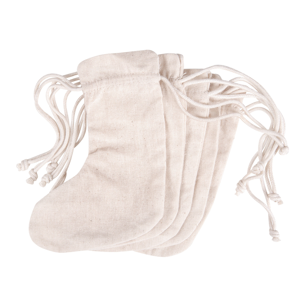 Four plain calico stockings stacked slightly fanned out on a white background. Each stocking features a natural cotton finish and a functional drawstring at the top, ready for decorating with paint, markers, stitching or embellishments.