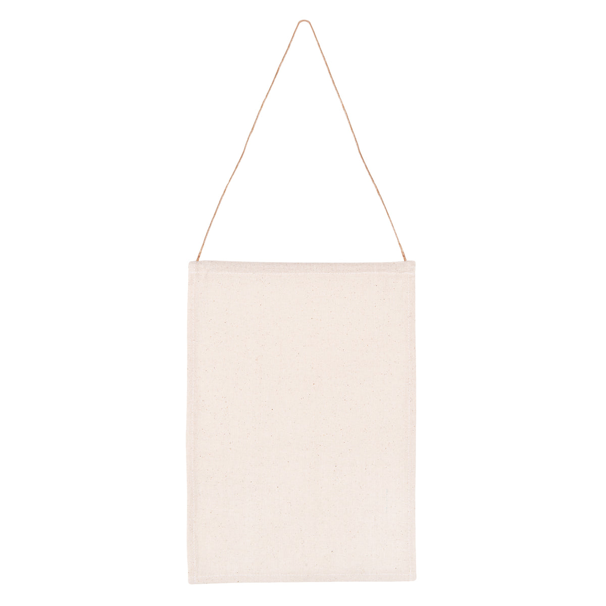 A plain A4 calico banner in natural off-white fabric, hanging from a length of twine looped over a concealed dowel rod at the top. The surface is blank and undecorated, showing the woven texture of the calico. Photographed against a white background.