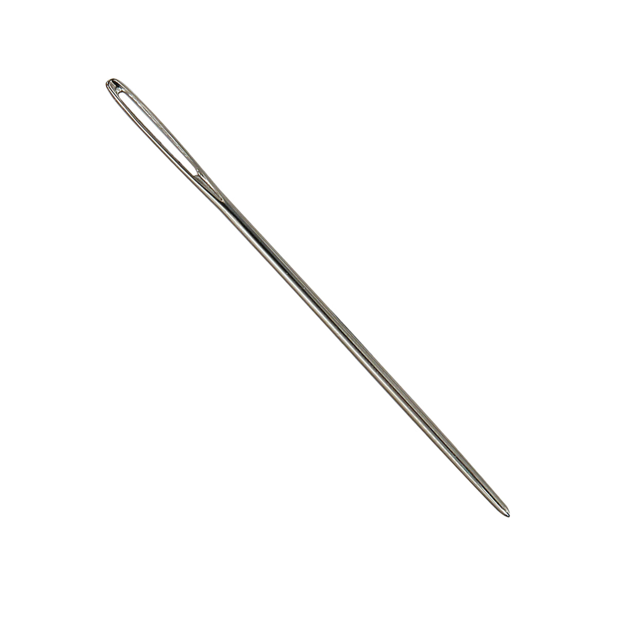 A single silver Zart tapestry needle shown diagonally against a white background. It has a long, narrow elongated eye at the upper end, a smooth straight shaft that tapers gradually toward the lower end, finishing in a rounded, slightly tapered semi-blunt point.