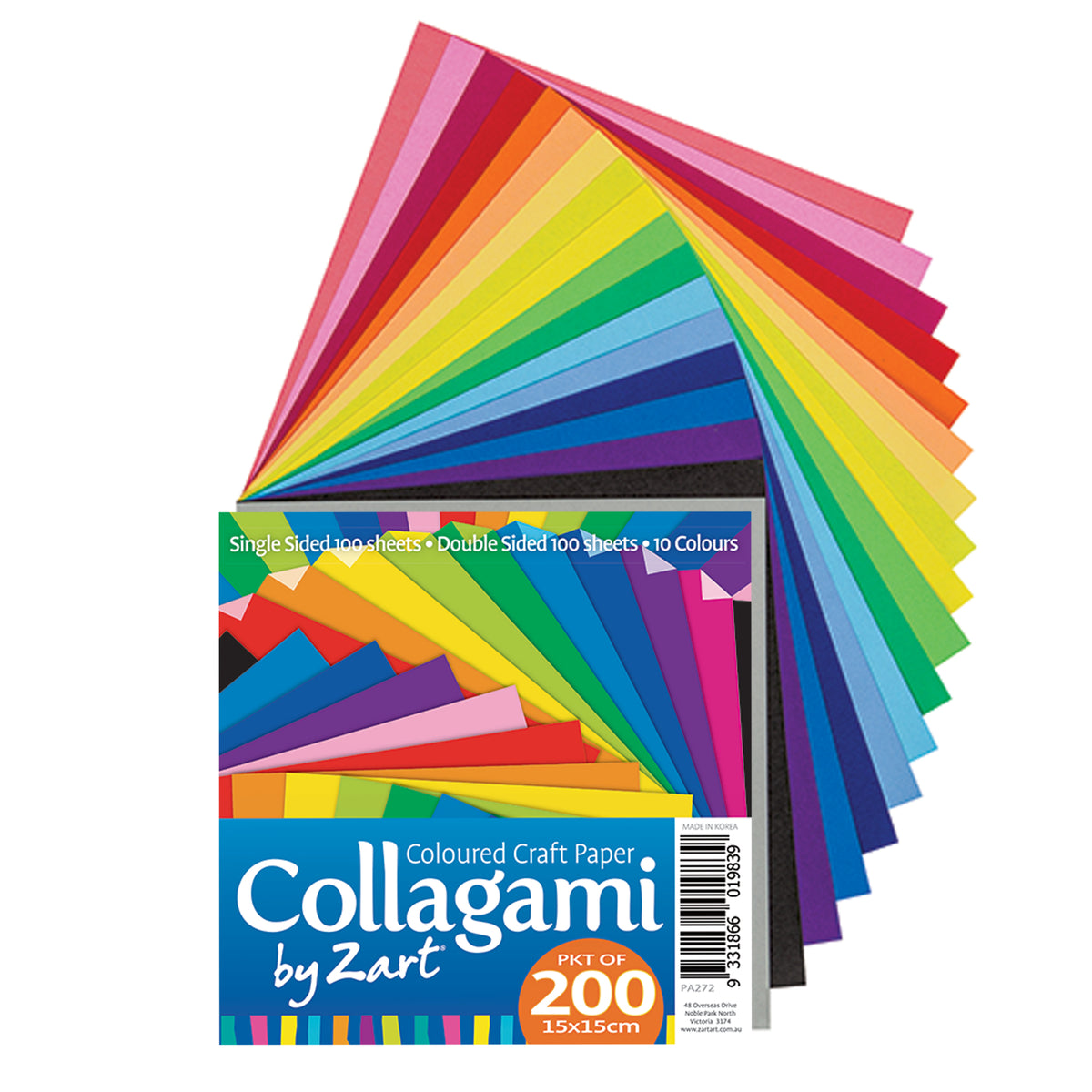 Collagami by Zart Coloured Craft Paper packaging. A wide, fanned arrangement of square paper sheets spreads out behind the product label in a full rainbow of colours, from pinks and reds through oranges, yellows, greens and blues to purple and black, set on white.