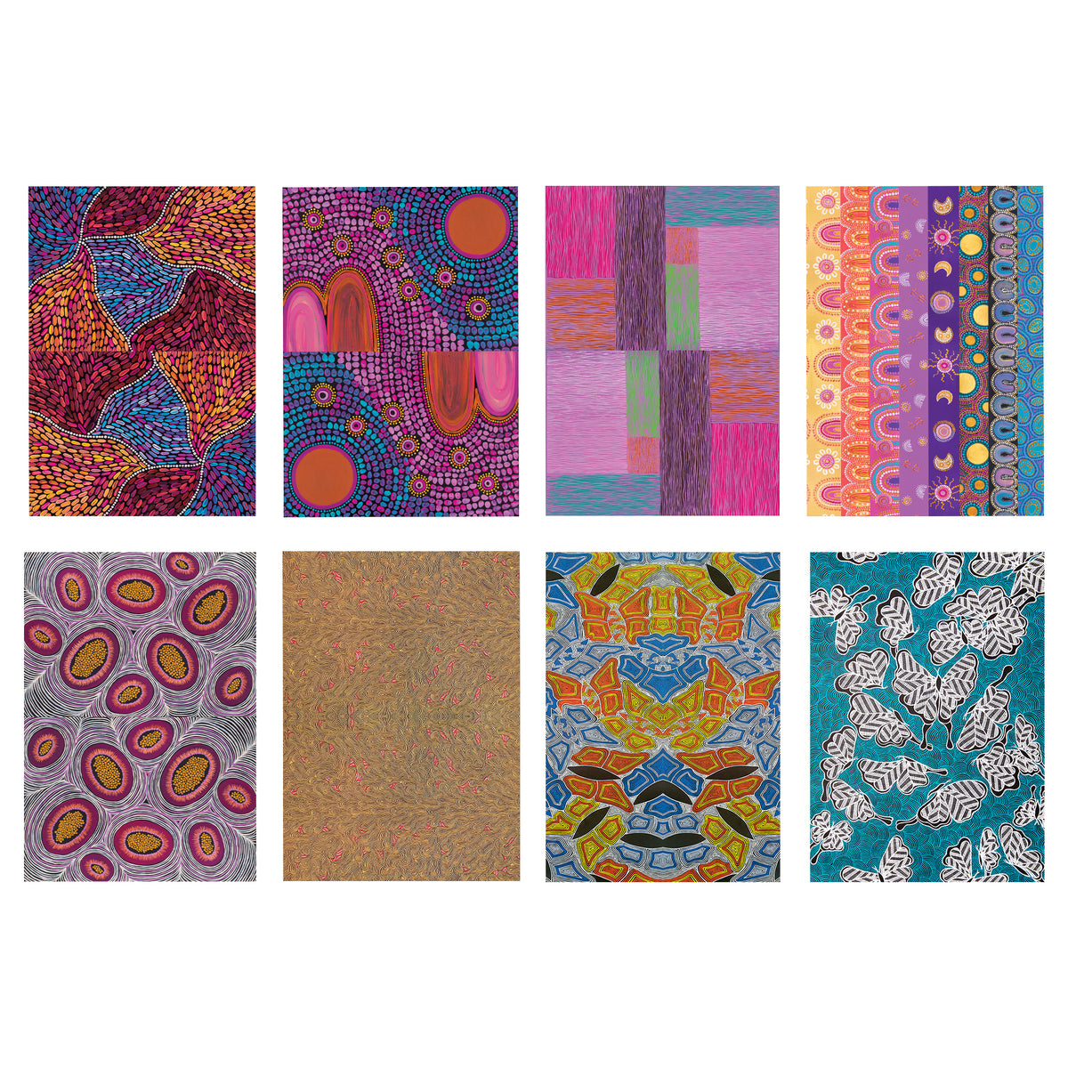Eight Zart Pattern Paper designs shown in a grid, featuring contemporary Australian First Nations patterns. Styles include radiating dot-work leaf forms, concentric dotted circles, fine wavy line blocks, patterned stripe bands, orange-centred seed pods, dense golden linework, a symmetrical kaleidoscopic motif, and white leaf shapes on teal.
