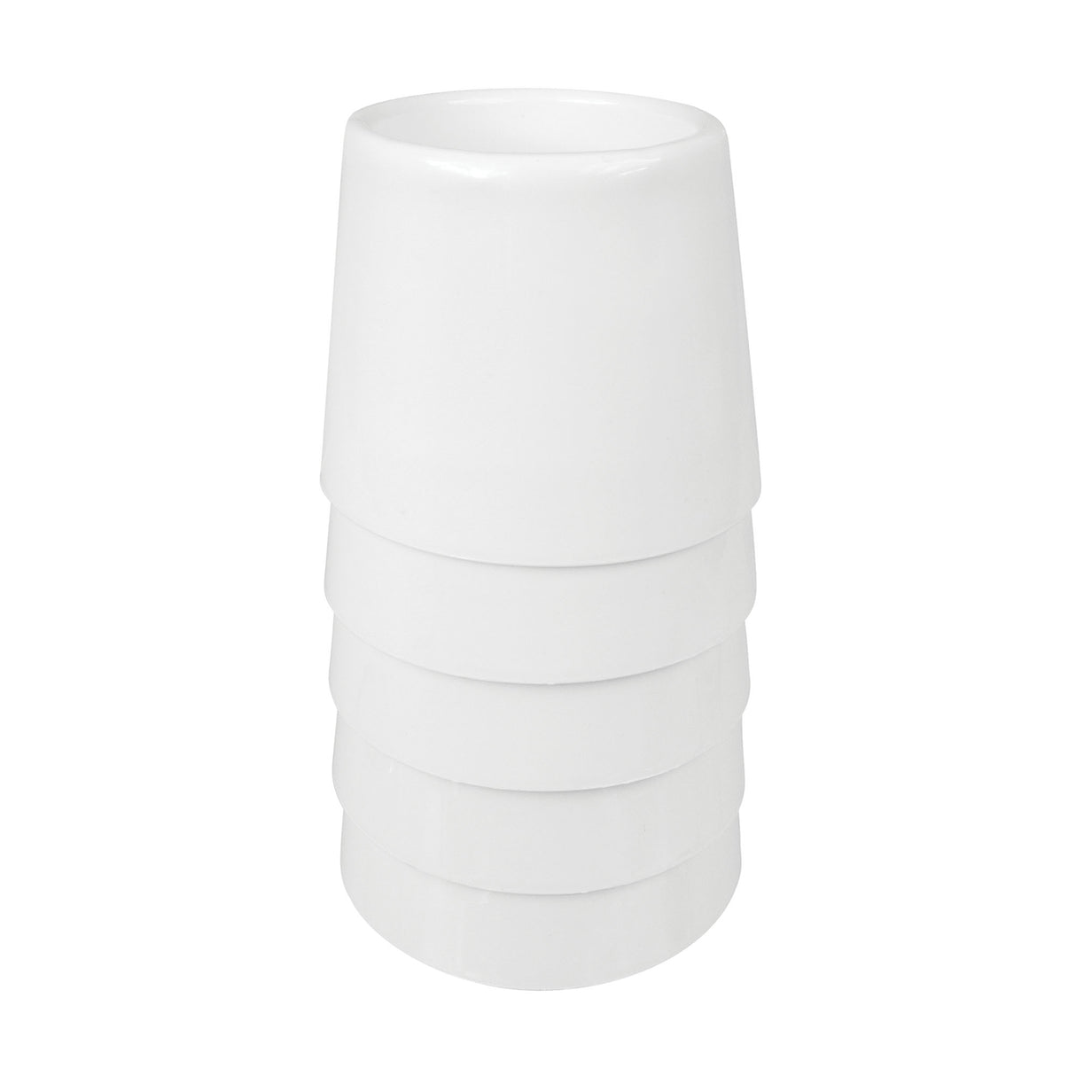 Stack of five white plastic water pots with ribbed grip bands around the exterior, showing their compact stackable design. Each cylindrical pot features a wide opening at the top and tapered body, ideal for rinsing brushes during painting activities.