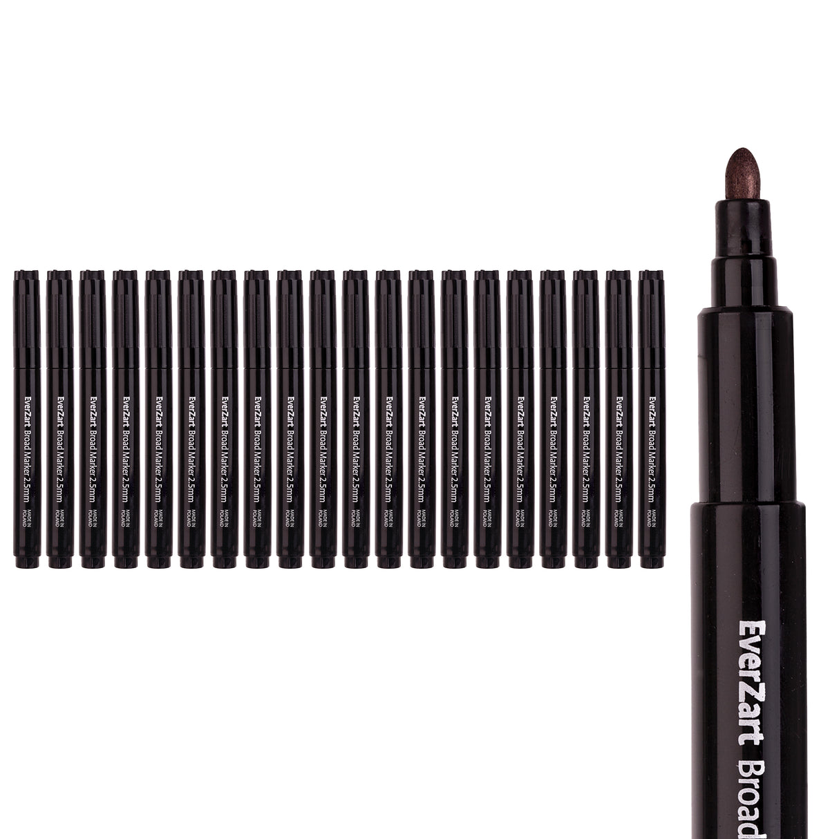 Image showing EverZart Broad Markers in a 20 pack, with multiple black markers lined up horizontally and one enlarged to display the broad bullet tip. Packaging reads “EverZart Broad Marker by Zart”, “Permanent · Reliable · Durable”, “1.5 to 2.5mm Bullet” and “20 Pack Black”.