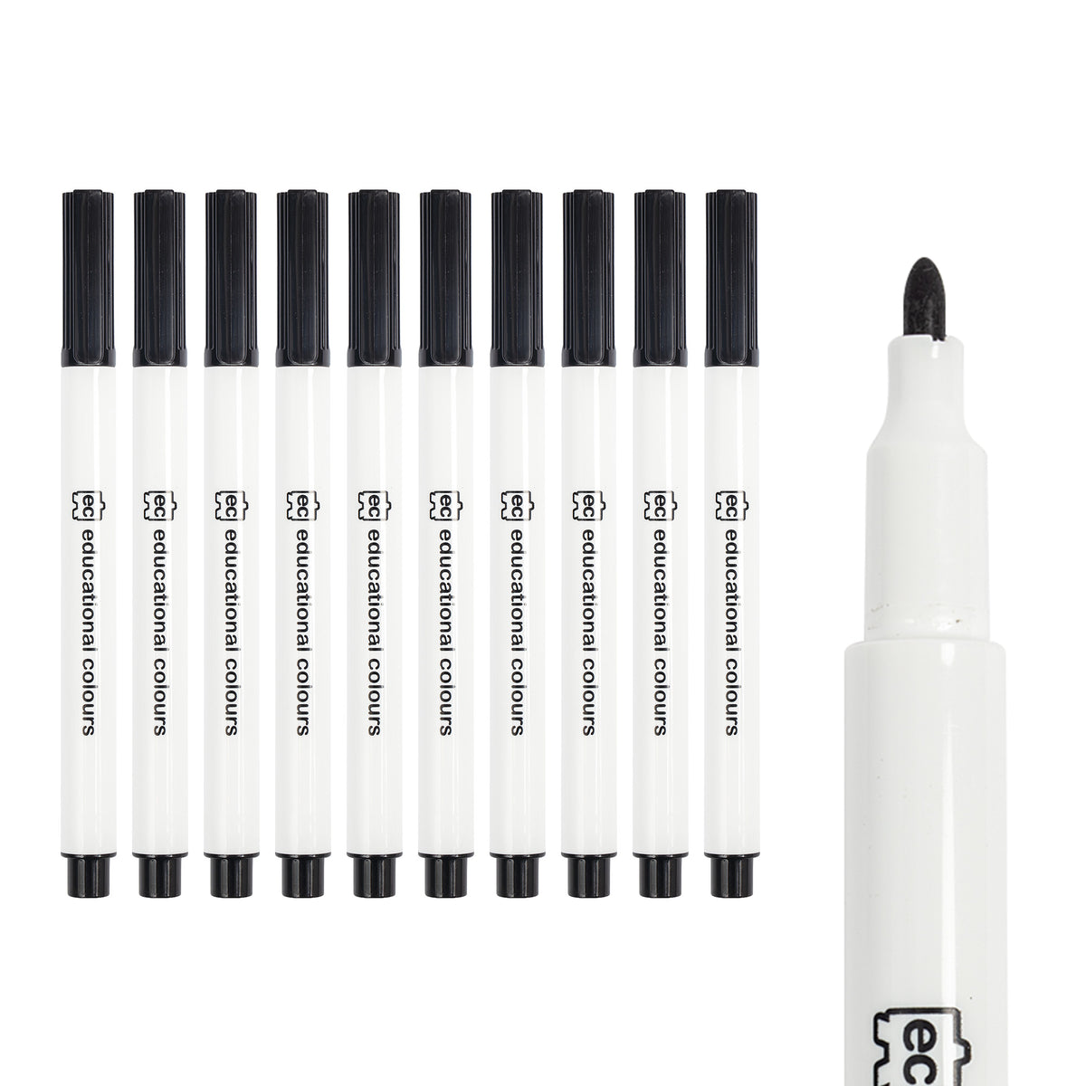EC educational colours whiteboard markers shown as a row of ten, each with a white barrel, black cap and black end plug, printed with the brand name vertically. A larger close-up at right shows one uncapped marker revealing its rounded black bullet nib.