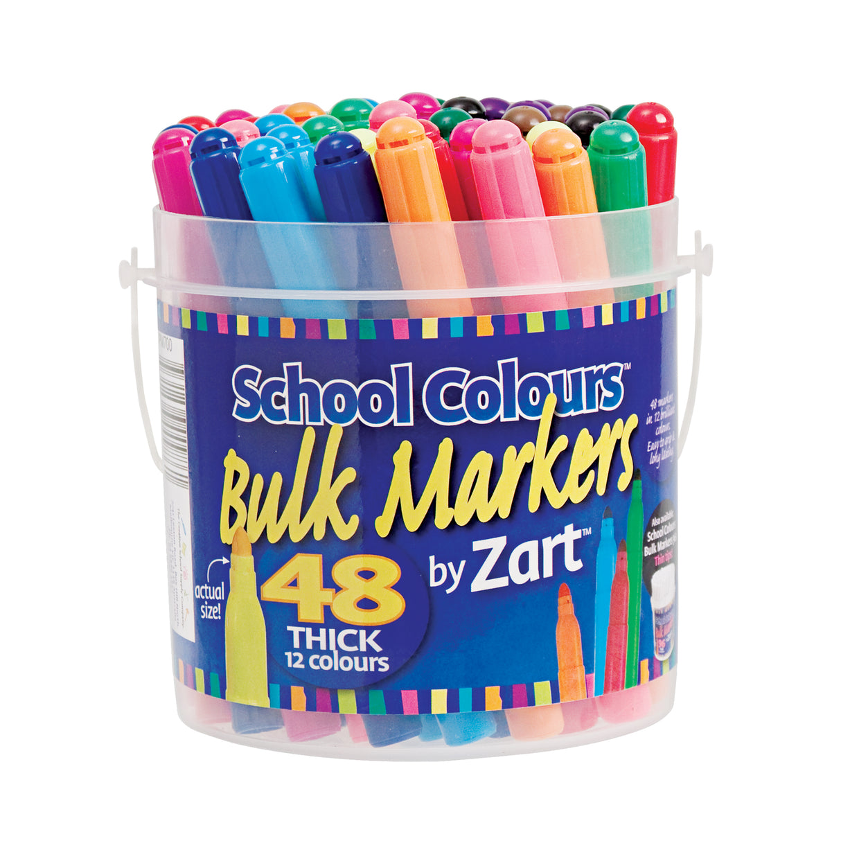 Clear plastic storage tub filled with 48 thick school markers in assorted colours. The tub has a carry handle and a blue label reading School Colours Bulk Markers by Zart 48 Thick, 12 colours, with coloured marker caps visible above the rim.