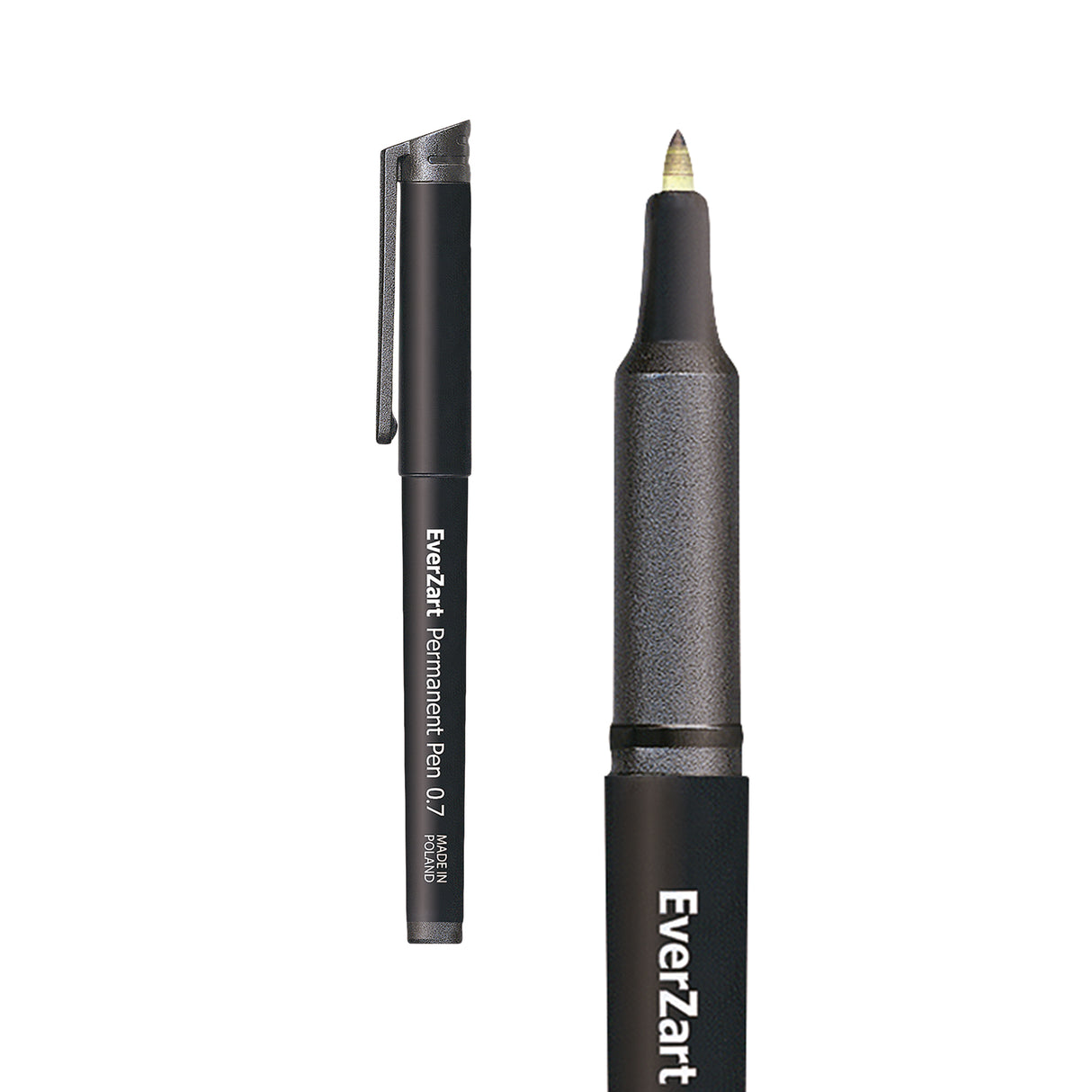 A black EverZart Permanent Pen 0.7 shown capped and uncapped on a white background. The pen has a matte black barrel with a pocket clip, textured grip section, and visible fine nib.