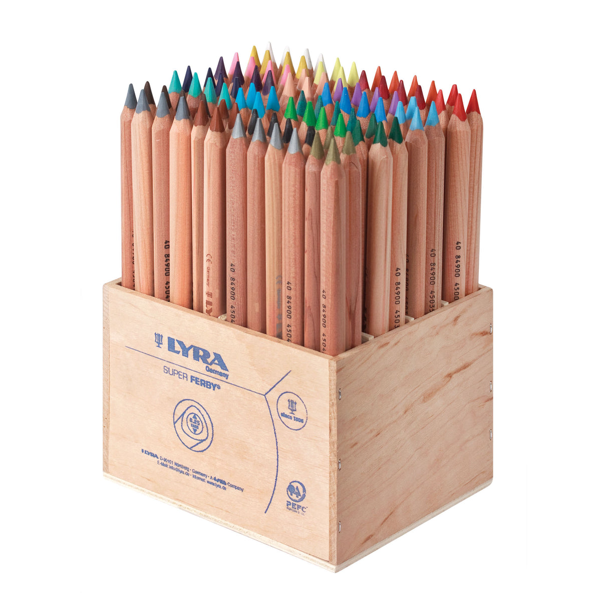Wooden box filled with assorted LYRA Super Ferby coloured pencils standing upright. Natural timber pencils with multicoloured tips are neatly arranged in a branded wooden display box against a white background.