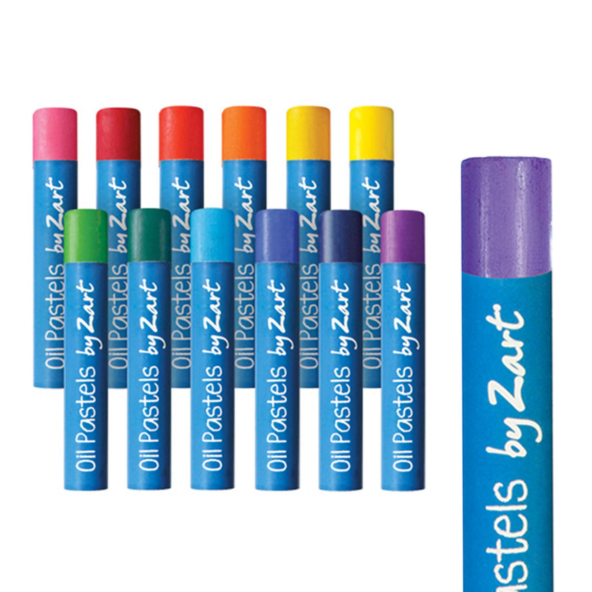 Oil Pastels by Zart in a spectrum of colours including pink, dark red, red, orange, yellow, green, teal, sky blue, indigo, navy and purple. Each pastel has a blue paper wrapper printed with "Oil Pastels by Zart" in white script, with the coloured tip visible at one end.