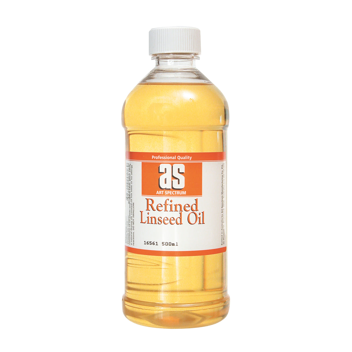 Clear plastic bottle of pale yellow liquid with a white screw cap. Label shows Art Spectrum Refined Linseed Oil. Product photographed on a plain white background.