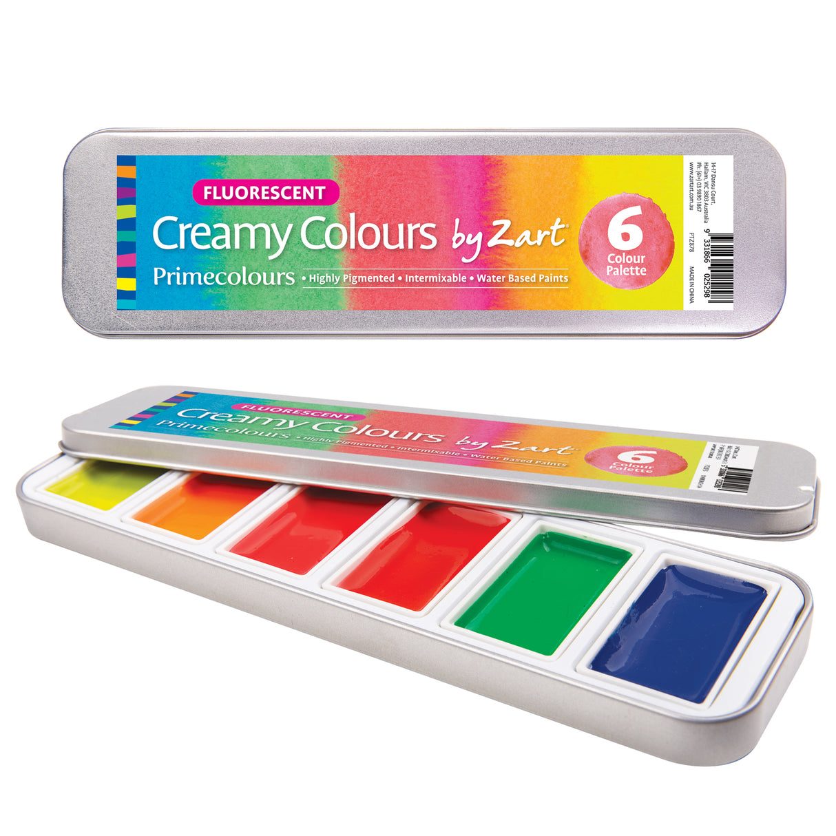 Product image of Creamy Colours Watercolours by Zart Fluorescent, showing a silver metal tin closed and partially open to reveal six fluorescent watercolour pans. Packaging displays the product name, brand and “6 Colour Palette”. Colours include yellow, orange, pink, red, green and blue.