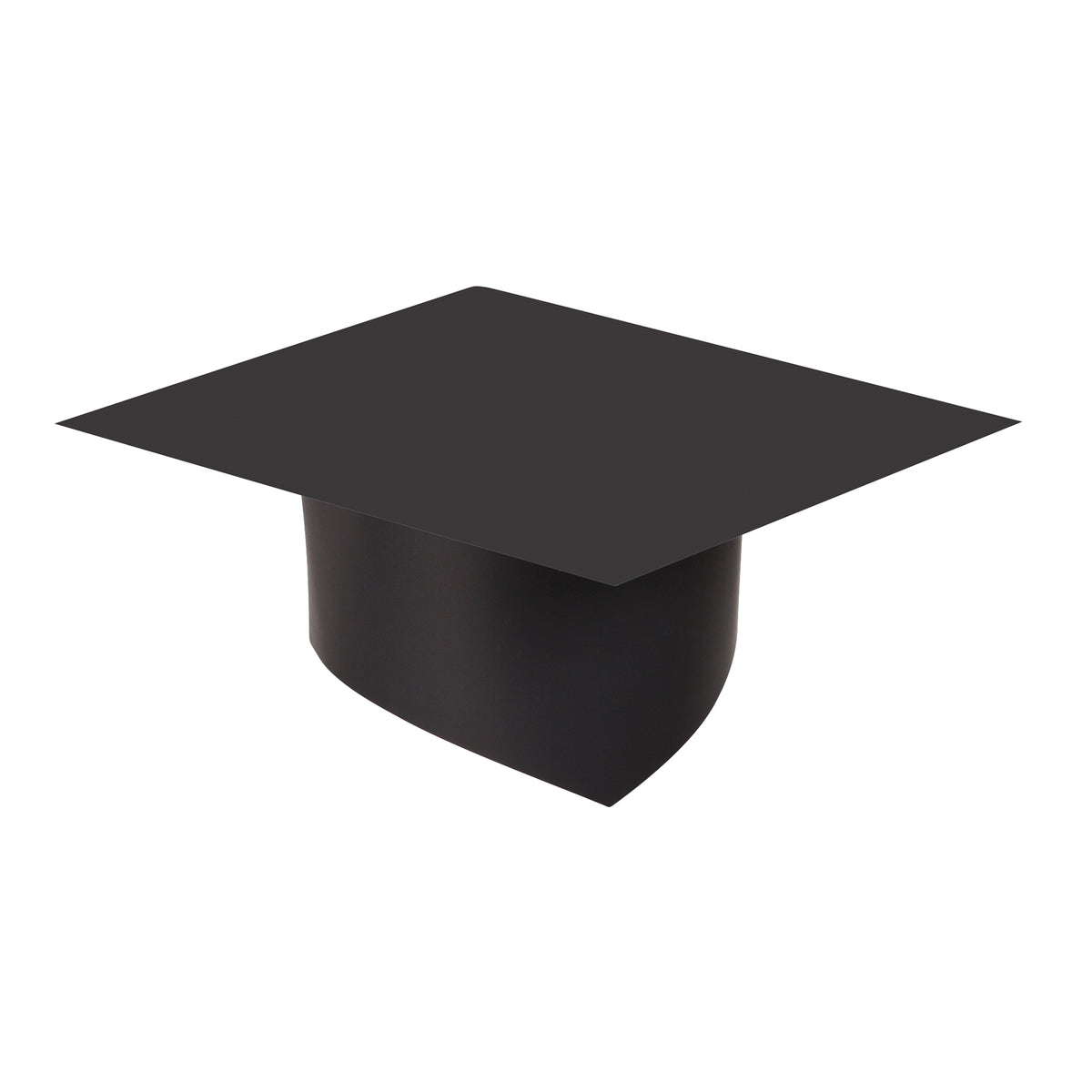 A plain black Scratch Graduation Hat, fully assembled, showing the classic mortarboard shape — a flat square board sitting on a rounded head-band base. The matte black surface is smooth and undecorated, photographed at an angle against a plain white background.