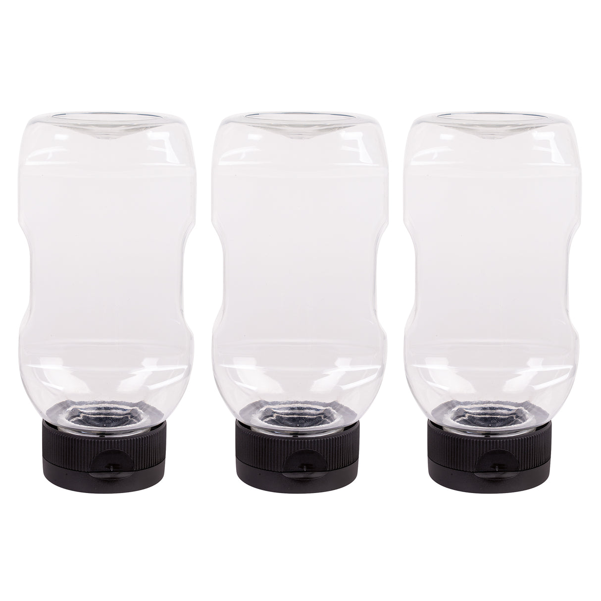 Three empty clear plastic bottles shown upside down on their flat-topped black lids against a white background. The transparent design and wide shape are visible, highlighting their sturdy construction and suitability for controlled dispensing of liquids and art materials.