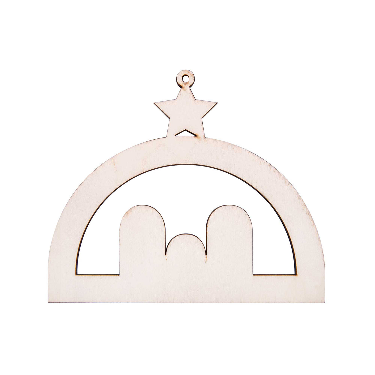 The plain wooden shape of a Zart Wooden Nativity Hanger, laser-cut in natural unpainted plywood. An arched stable silhouette with a star and hanging hole above, and cut-out figures of Mary, Joseph and baby Jesus visible as negative space within the open centre.