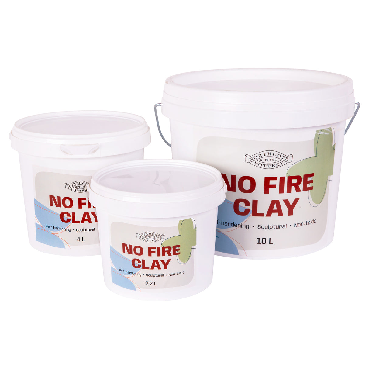 Three white plastic tubs of Northcote Pottery No Fire Clay in varying sizes (2.2L, 4L, and 10L), shown with lids on and labelled “NO FIRE CLAY” with “Self-hardening - Sculptural - Non-toxic” clearly visible.