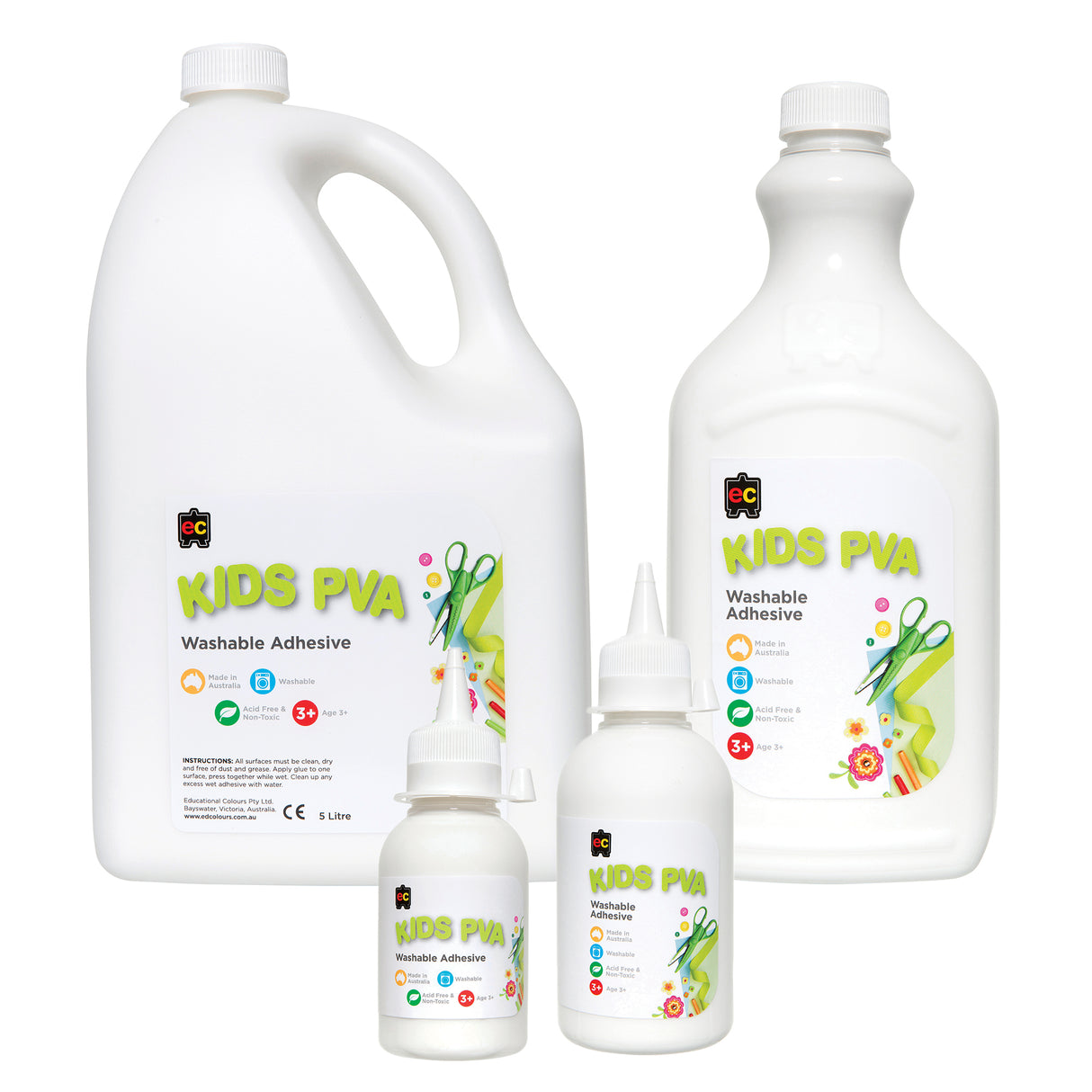 EC Kids PVA Washable Adhesive shown in four sizes a 5 litre jug with handle, a 2 litre bottle, a 250ml squeeze bottle, and a 125ml bottle all in white with lime green label typography. Labelled acid free, non-toxic, washable, and made in Australia. Suitable for ages 3+.