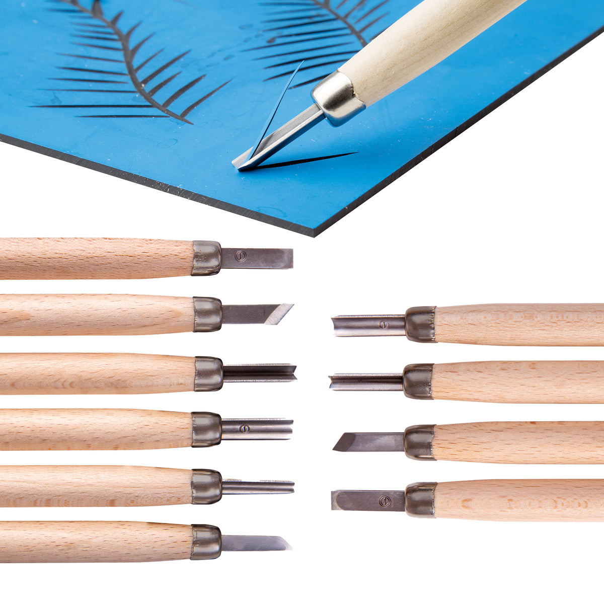 Zart Deluxe Lino & Wood Carving Tools shown as ten separate implements with pale wooden handles, dark metal ferrules and assorted steel blade tips including flat, angled and gouge profiles. Above, one tool carves a fern design into a blue lino sheet.