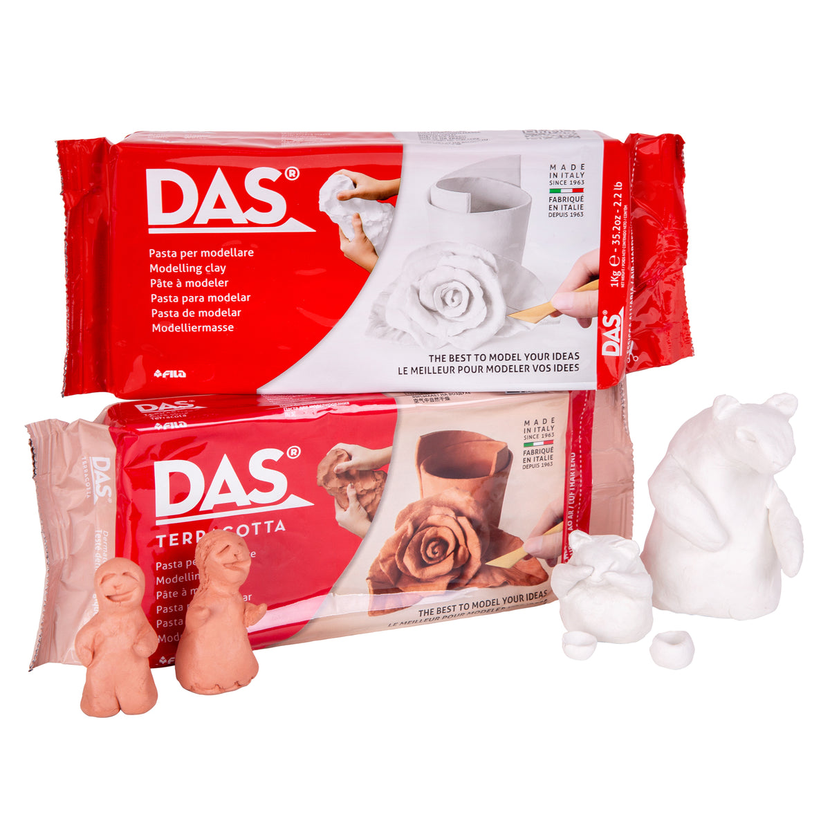 DAS Modelling Clay shown as two packs, white and terracotta, stacked together in red plastic wrap. Beside them, unpainted sample figures made from each clay: two small terracotta people and two white bear-like animals, showing the smooth, workable finish of the air-hardening clay.